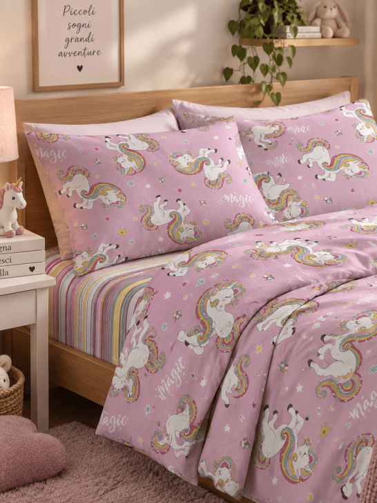 Lenzuola Letto Singolo dis. Unicorno | QUADRIFOGLIO